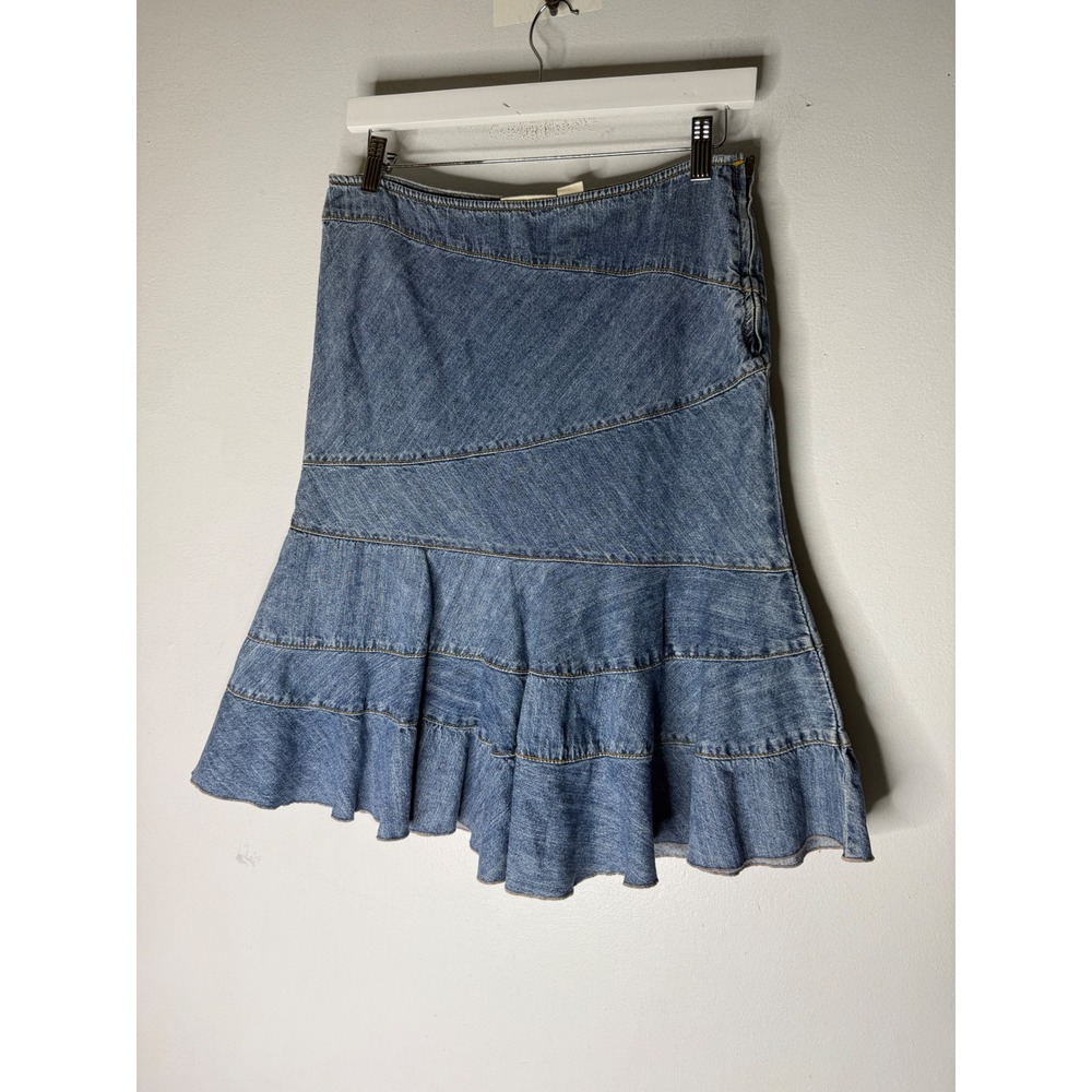 DKNY Jeans Women Blue Denim Ruffle Hem Paneled Mini Skirt Size 2 Side Zip